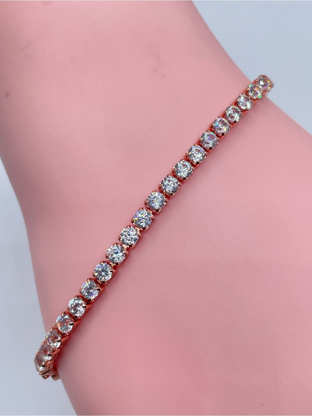 Rose Gold Diamond White Crystal Tennis Bracelet Elegant Sparkly Evening